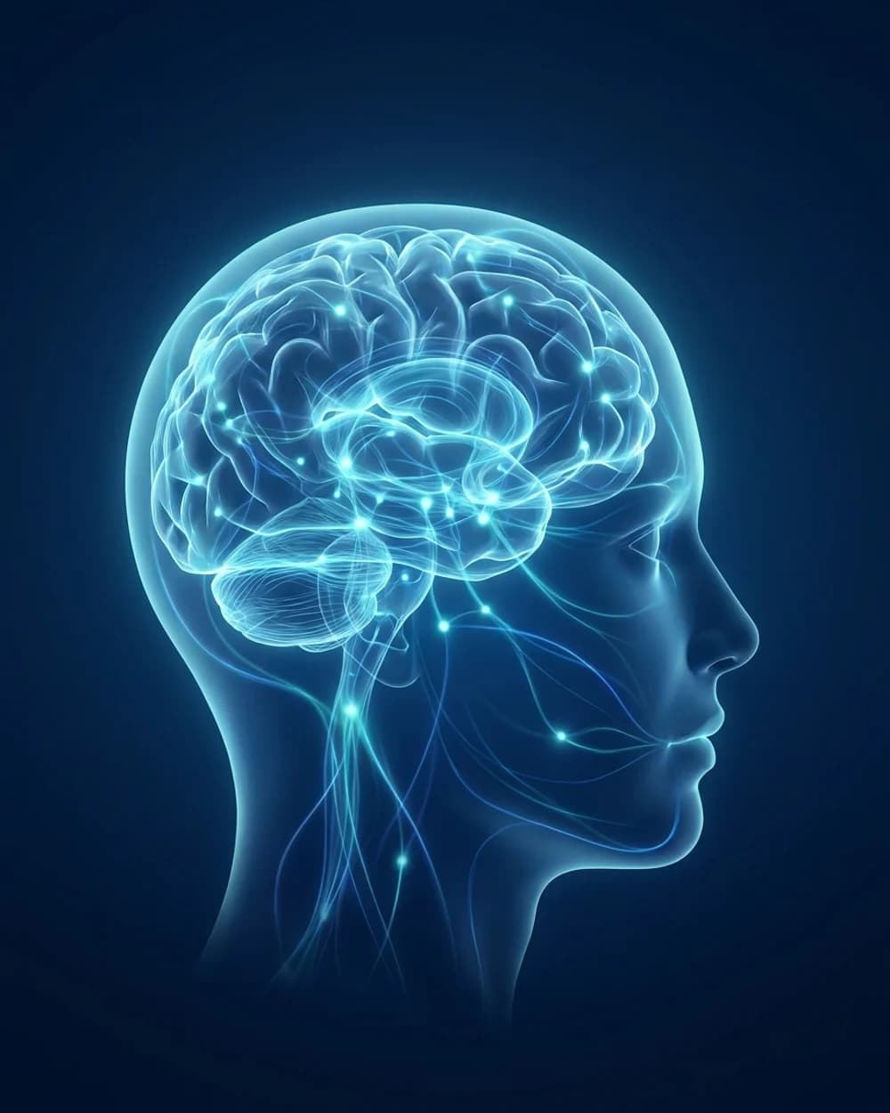 Ilustração de uma mente formada por uma rede neural luminosa